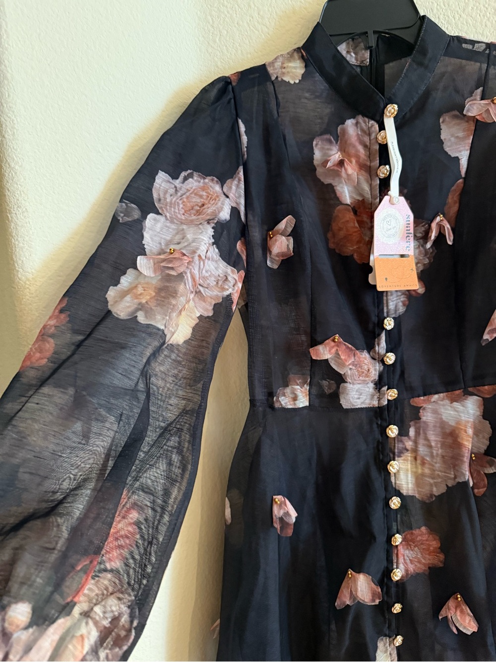 Sunfere Black Sophie 3D Floral Print Long Sleeve Midi Dress - NO BELT - Picture 5 of 11